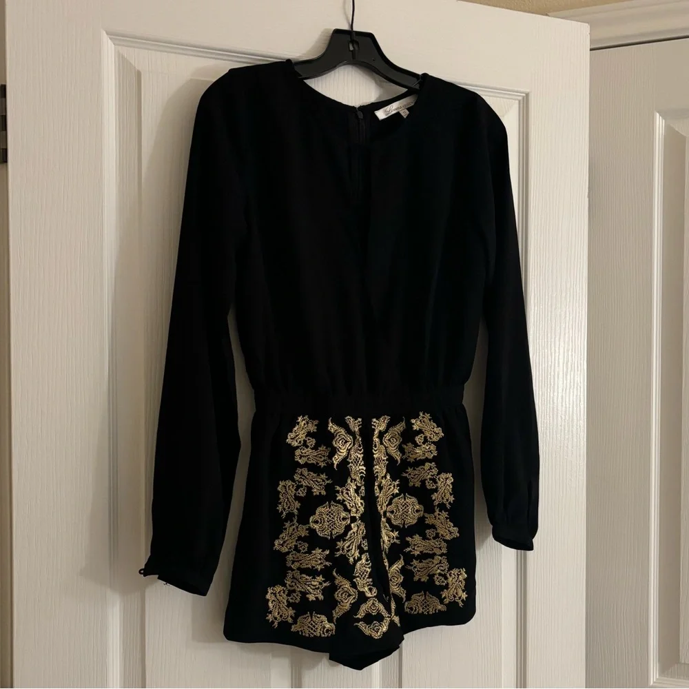 LOVERS + FRIENDS Long Sleeve Black Romper with Gold Brocade Details Size XS - Picture 3 of 13
